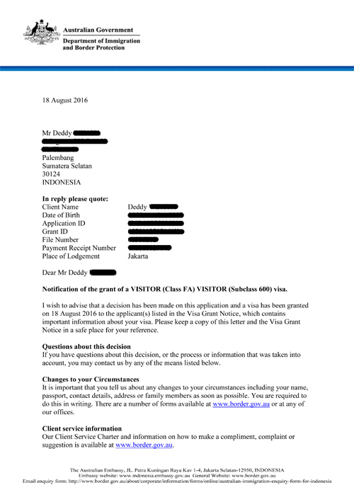 letter sent to inform client that their visa has been granted