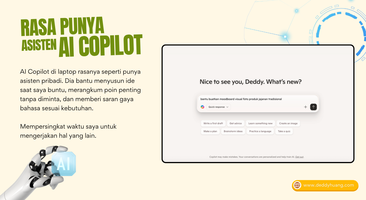 AI Copilot pada laptop AI 2025 membantu menyusun ide dan memberi saran gaya bahasa personal