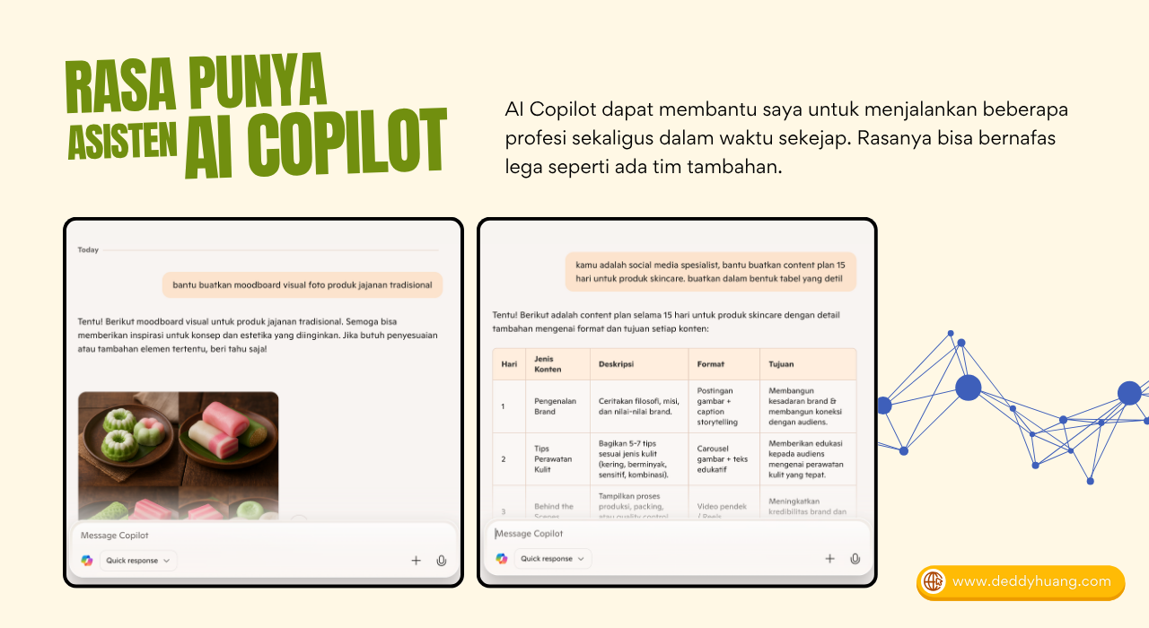AI Copilot di laptop AI 2025 mendampingi berbagai profesi seperti content planner dan social media specialist