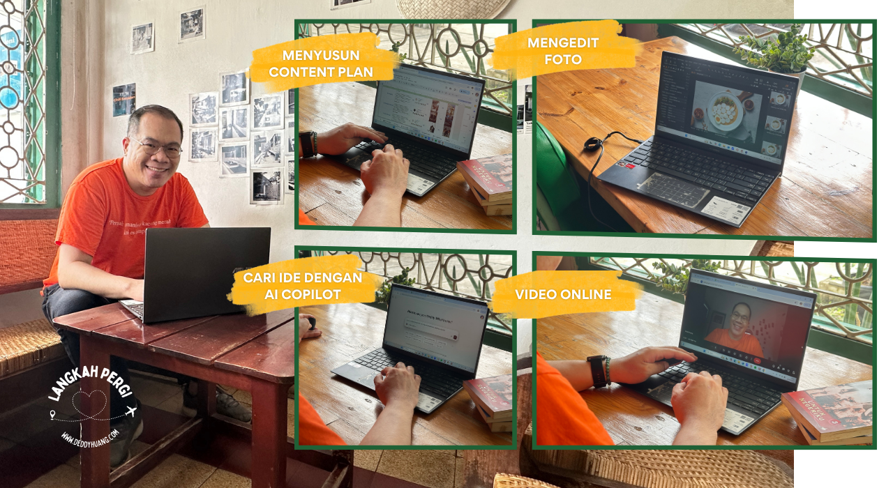 Freelancer menyusun content plan, mengedit foto, mencari ide dengan AI Copilot, dan mengikuti video meeting online menggunakan ASUS Vivobook S14.