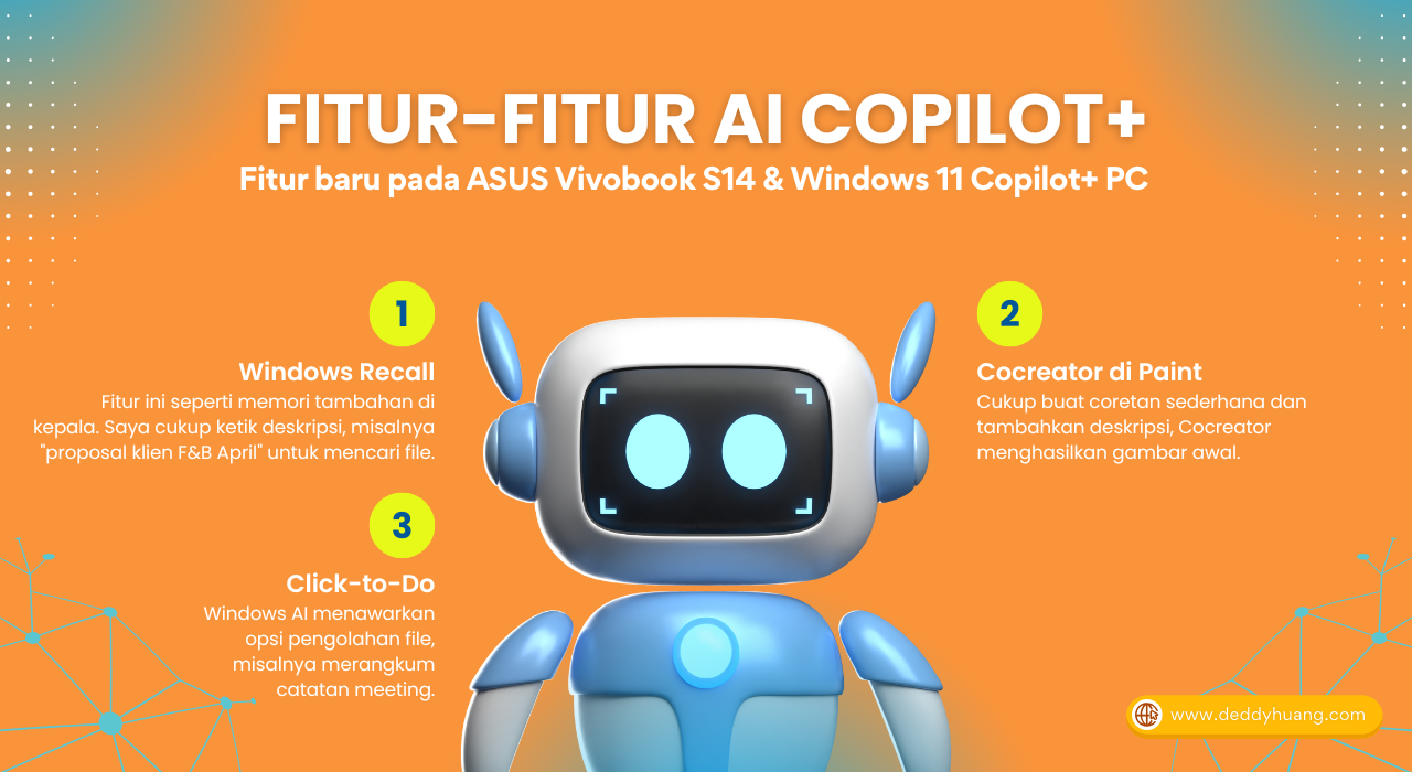 fitur AI Copilot pada ASUS Vivobook S14 AI 2025, menampilkan Windows Recall, Cocreator di Paint, dan Click-to-Do yang membantu pekerjaan freelancer lebih efisien.