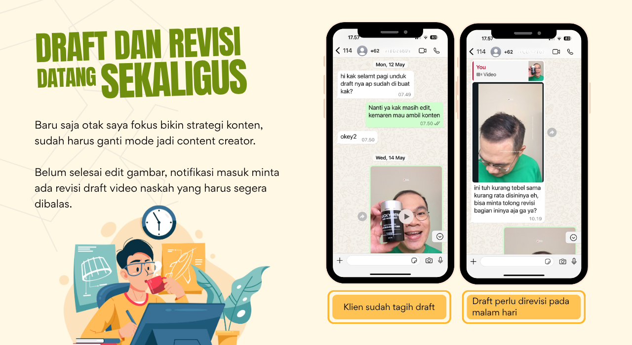 Situasi multitasking freelancer saat menghadapi permintaan revisi dari klien sambil menyelesaikan strategi konten dengan bantuan laptop AI.