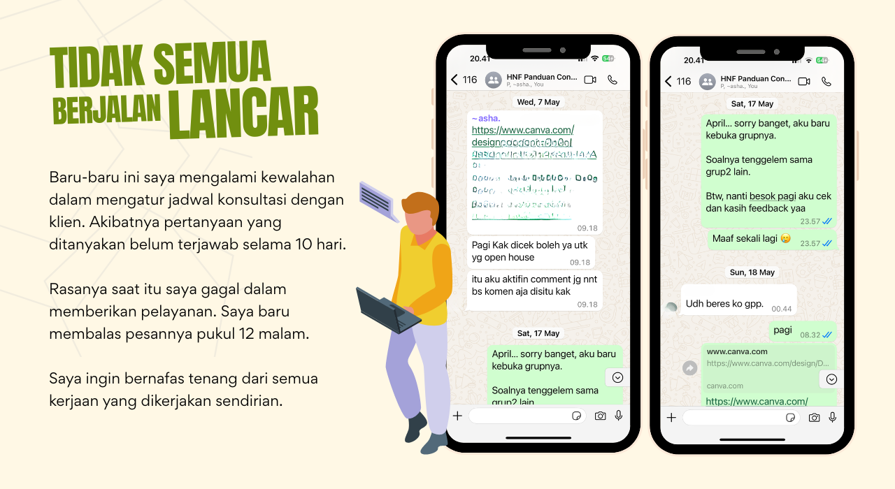 Ilustrasi pengalaman seorang freelancer yang kewalahan membalas pesan klien karena jadwal konsultasi padat, menunjukkan pentingnya dukungan sistem kerja seperti ASUS Vivobook S14 dengan AI Copilot.