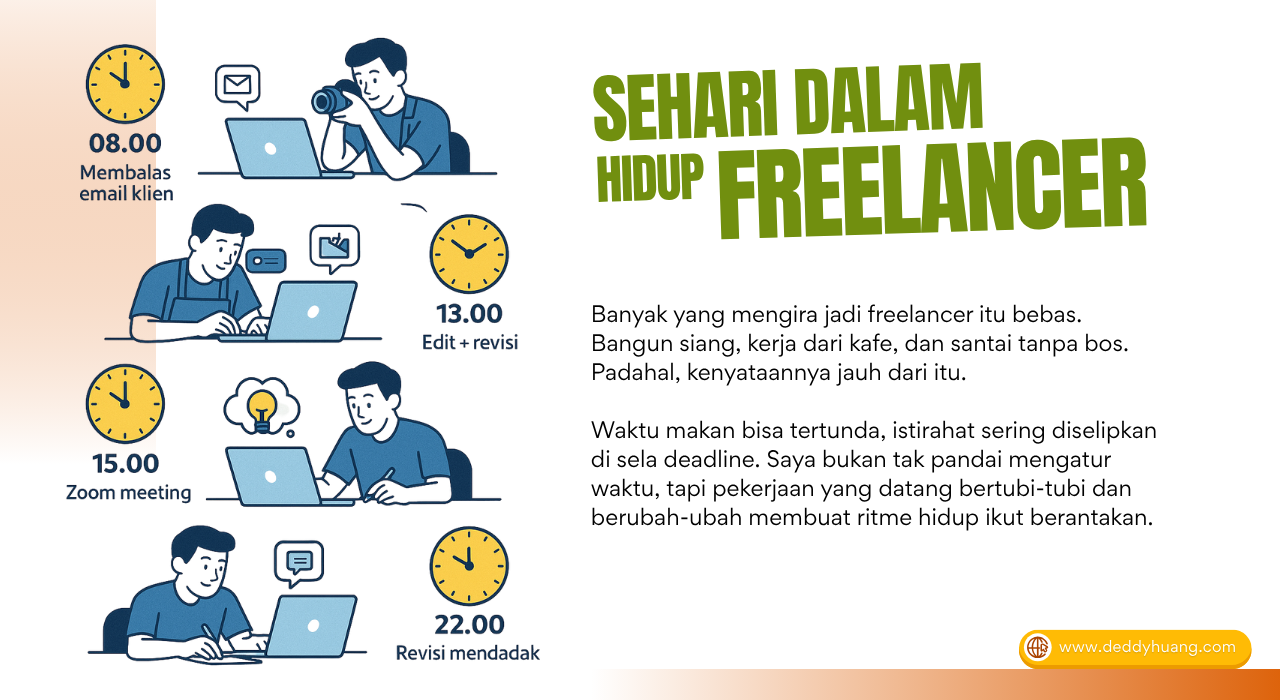 Ilustrasi rutinitas harian freelancer mulai dari pagi hingga malam dengan laptop ASUS