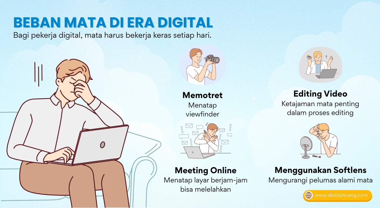 Beban kerja mata digital karena aktivitas seperti memotret, editing, meeting online, dan memakai softlens.