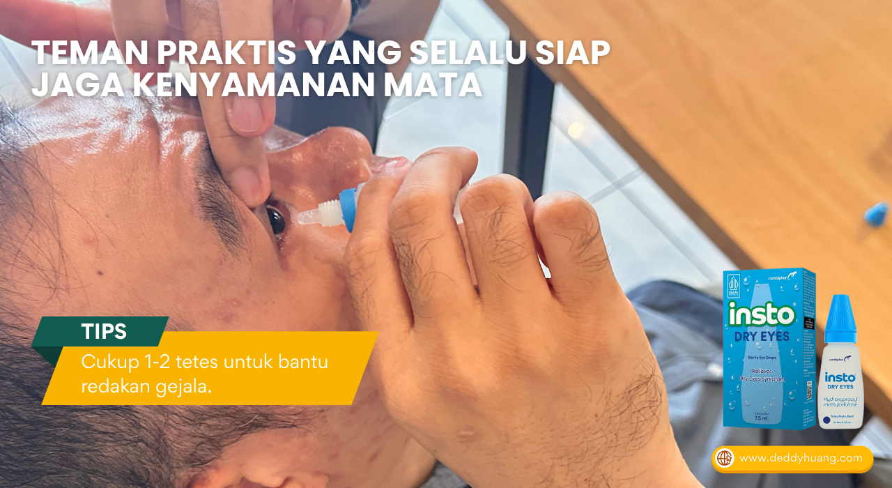 Cara pakai Insto Dry Eyes dengan 1-2 tetes untuk bantu redakan gejala mata kering.