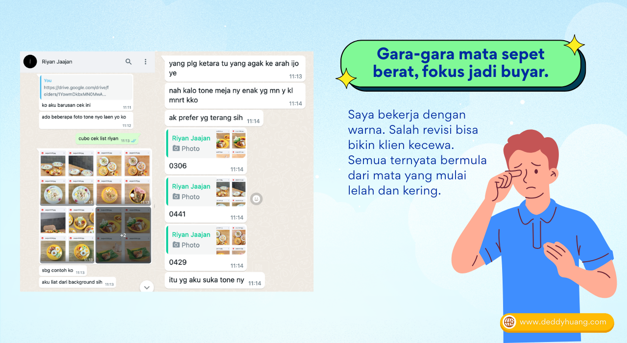 Cuplikan chat revisi klien yang terganggu akibat mata sepet dan fokus menurun karena kelelahan digital.