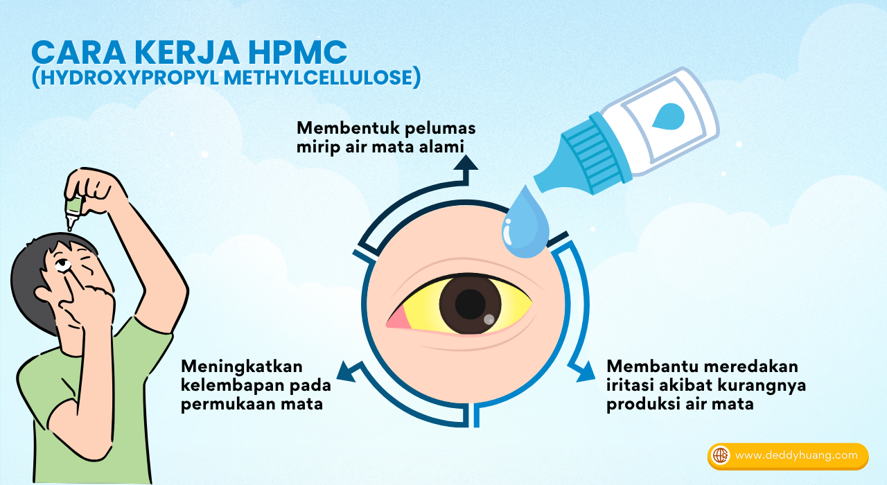 Penjelasan grafis cara kerja HPMC dalam Insto Dry Eyes sebagai pelumas mata