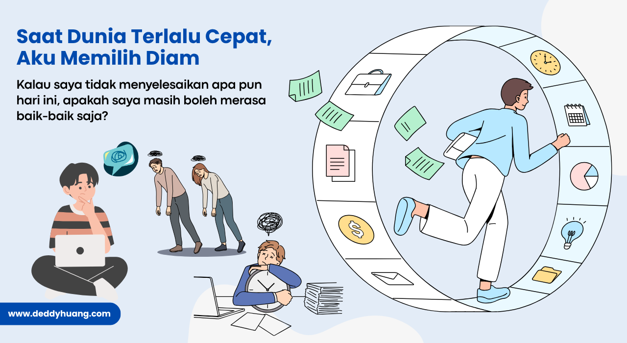 Ilustrasi seseorang yang lelah mengejar waktu, memilih diam dari hiruk pikuk kesibukan digital.