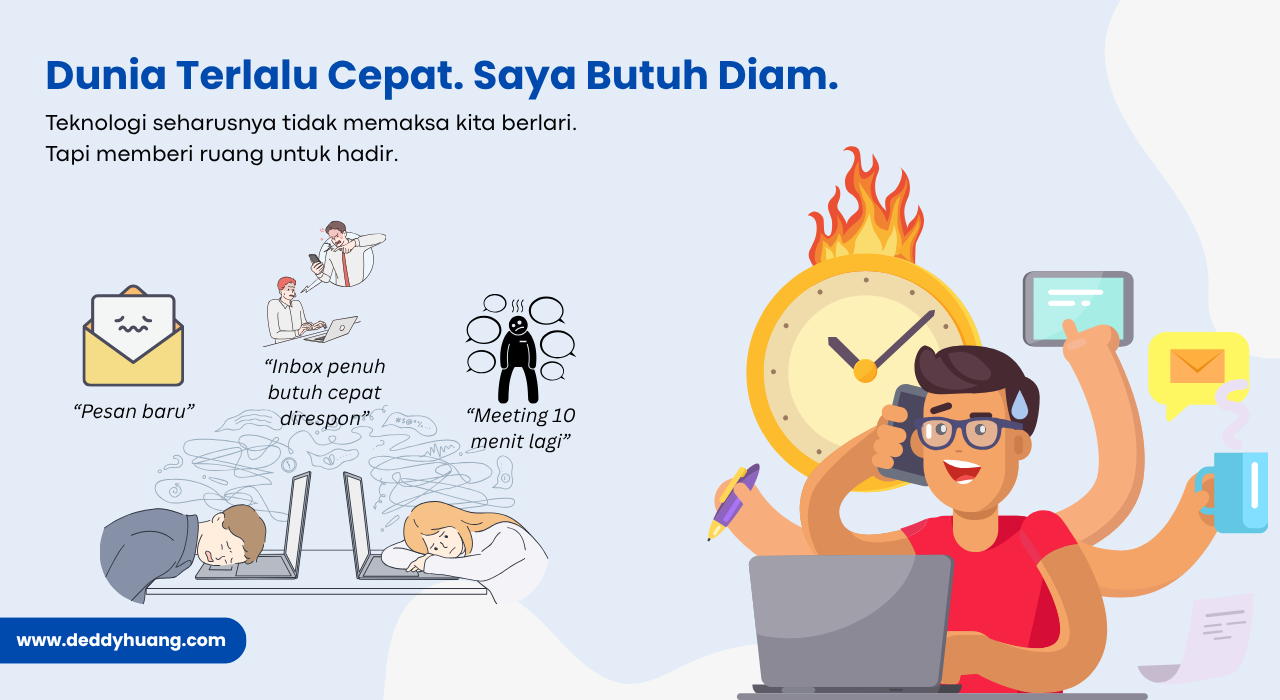 Ilustrasi tekanan digital, meeting, dan notifikasi yang membuat orang kewalahan.