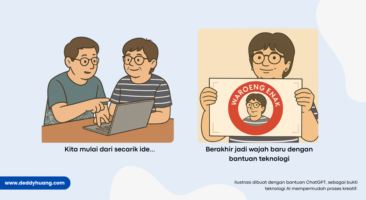 Proses kreatif membuat identitas brand dari ide awal hingga jadi dengan bantuan teknologi AI.